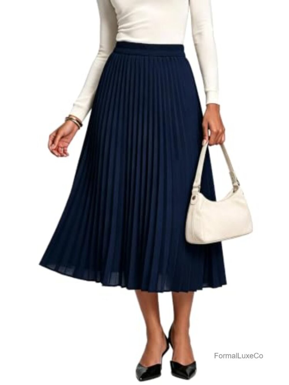 A-Line Midi Skirt with Pockets Elastic Waist Chiffon Pleated Flowy